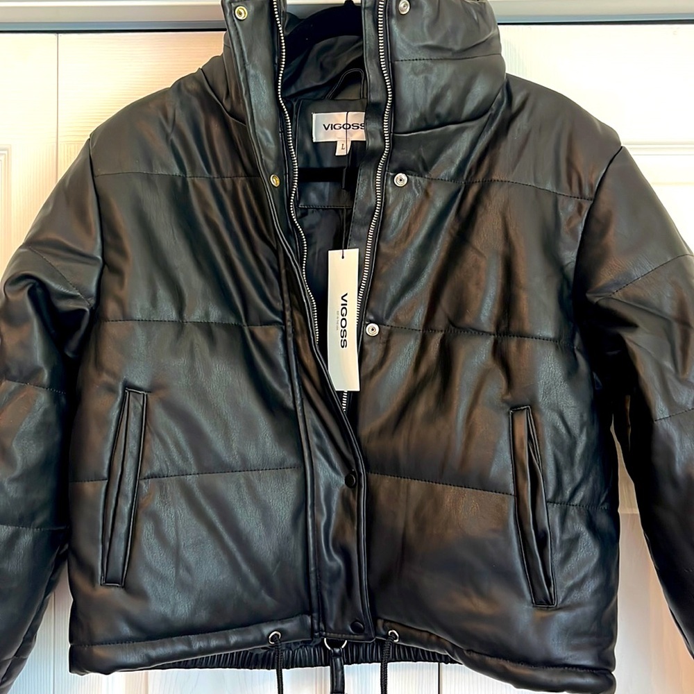 MOTO JACKET Faux leather cropped Quilted Lined NEW TAG Sz L Vigoss lines quilted